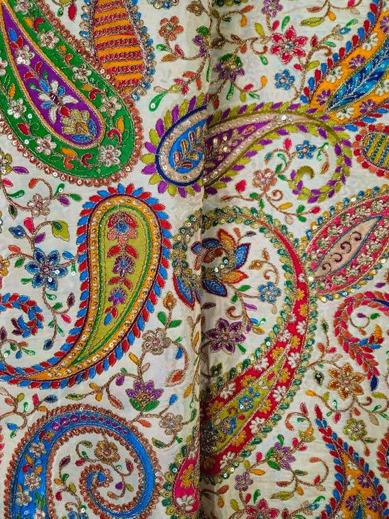 Heavy Gold Zari With Sequins Floral Embroidery On Cream Crepe Fabric