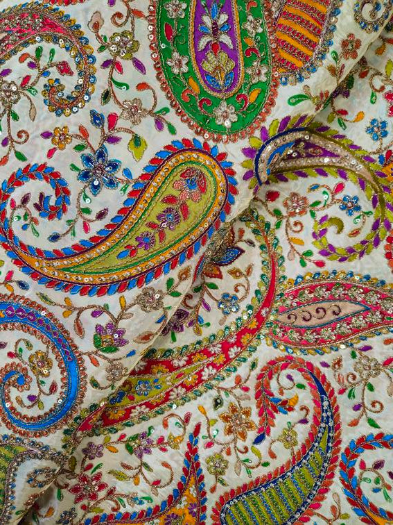 Heavy Gold Zari With Sequins Floral Embroidery On Cream Crepe Fabric