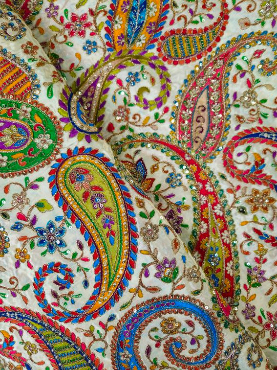 Cream Colour Position Print embroidery Crepe Kurta only Fabric