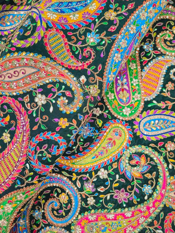 Heavy Gold Zari With Sequins Floral Embroidery On Crepe Fabric (MultiColor)