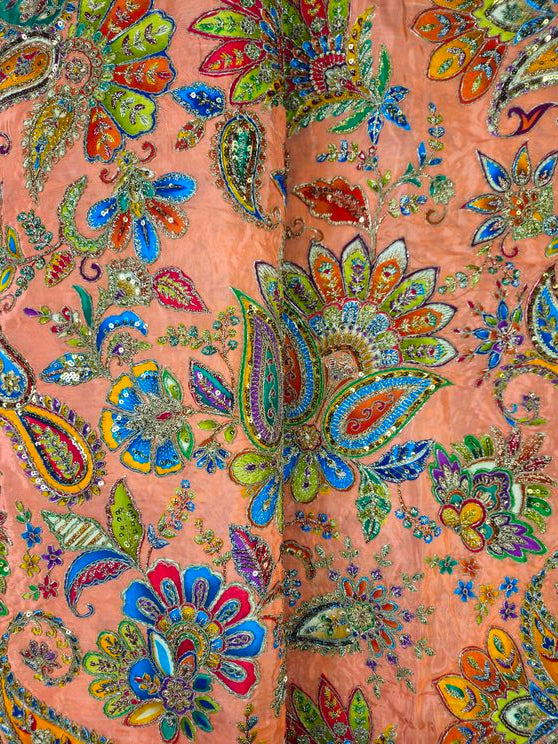 Position Print With Traditional Embroidery On Peach Crepe Fabric