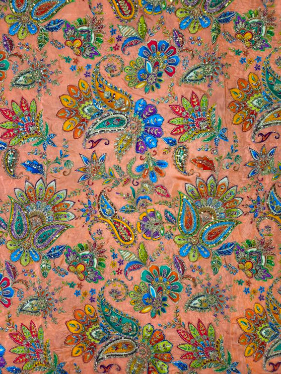 Position Print With Traditional Embroidery On Peach Crepe Fabric
