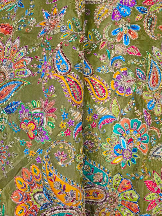 Position Print With Traditional Embroidery On Crepe Fabric (Multicolor)