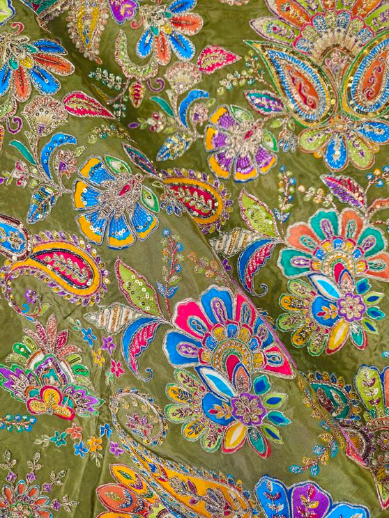 Position Print With  Traditional Embroidery On Oilve Green Crepe Fabric