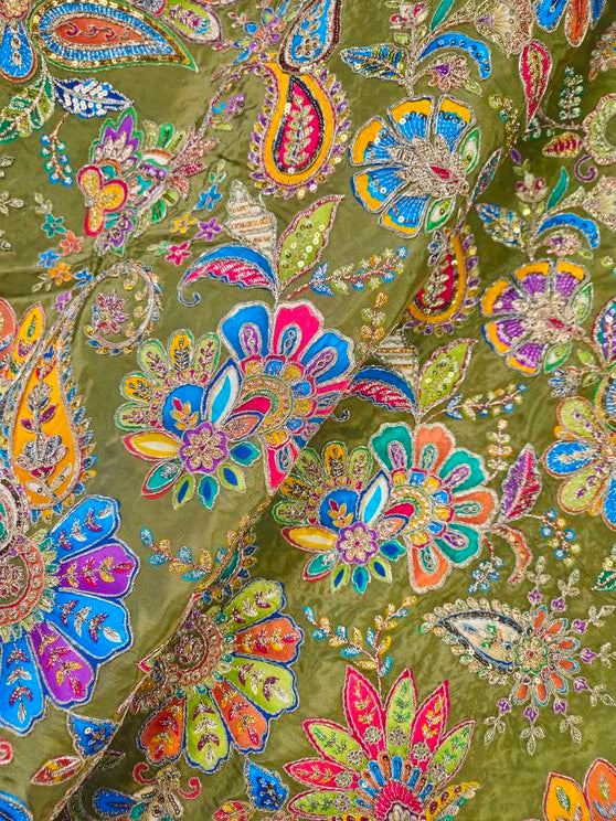 Position Print With  Traditional Embroidery On Oilve Green Crepe Fabric