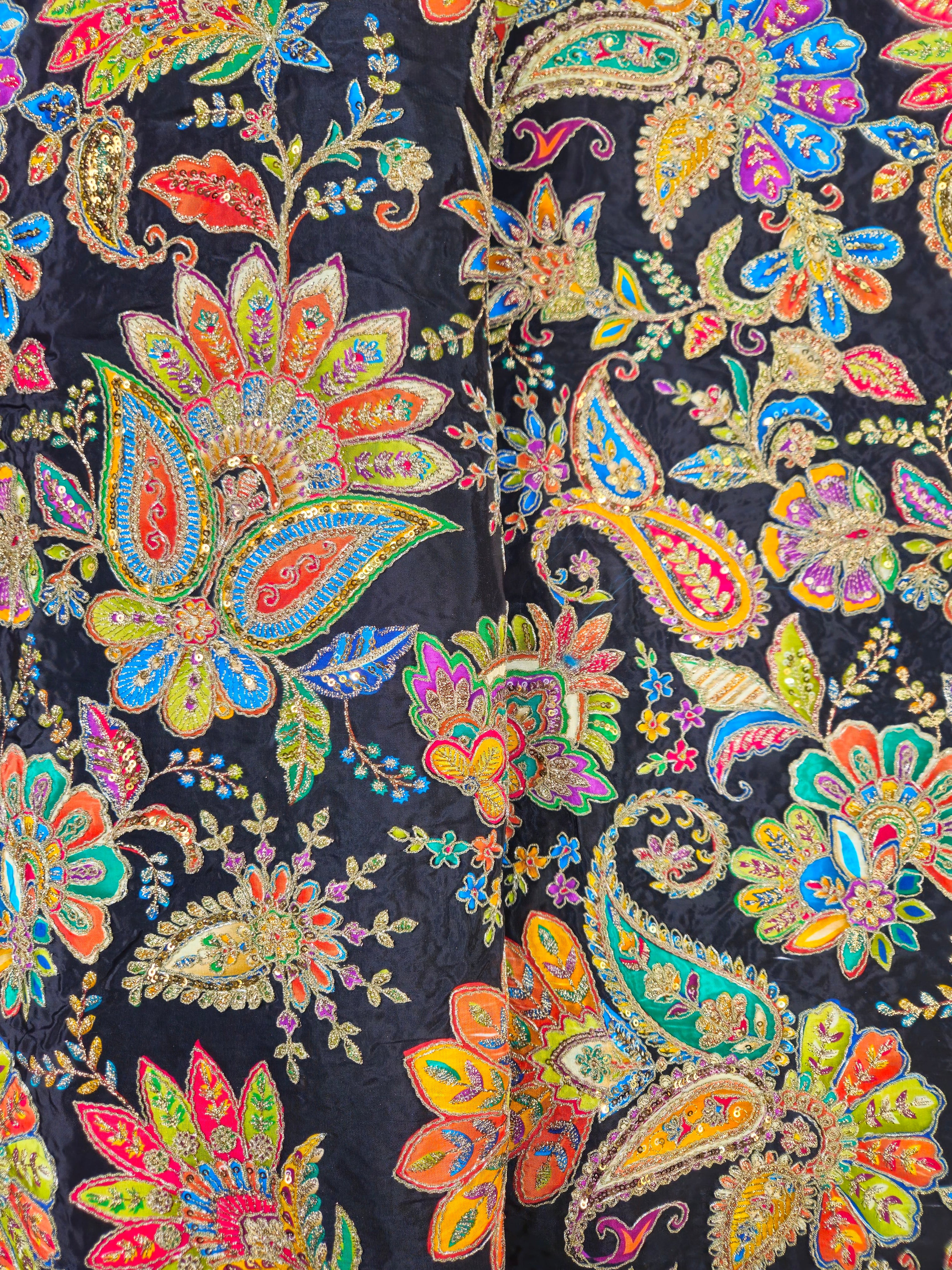 Position Print With Traditional Embroidery On Crepe Fabric (Multicolor)