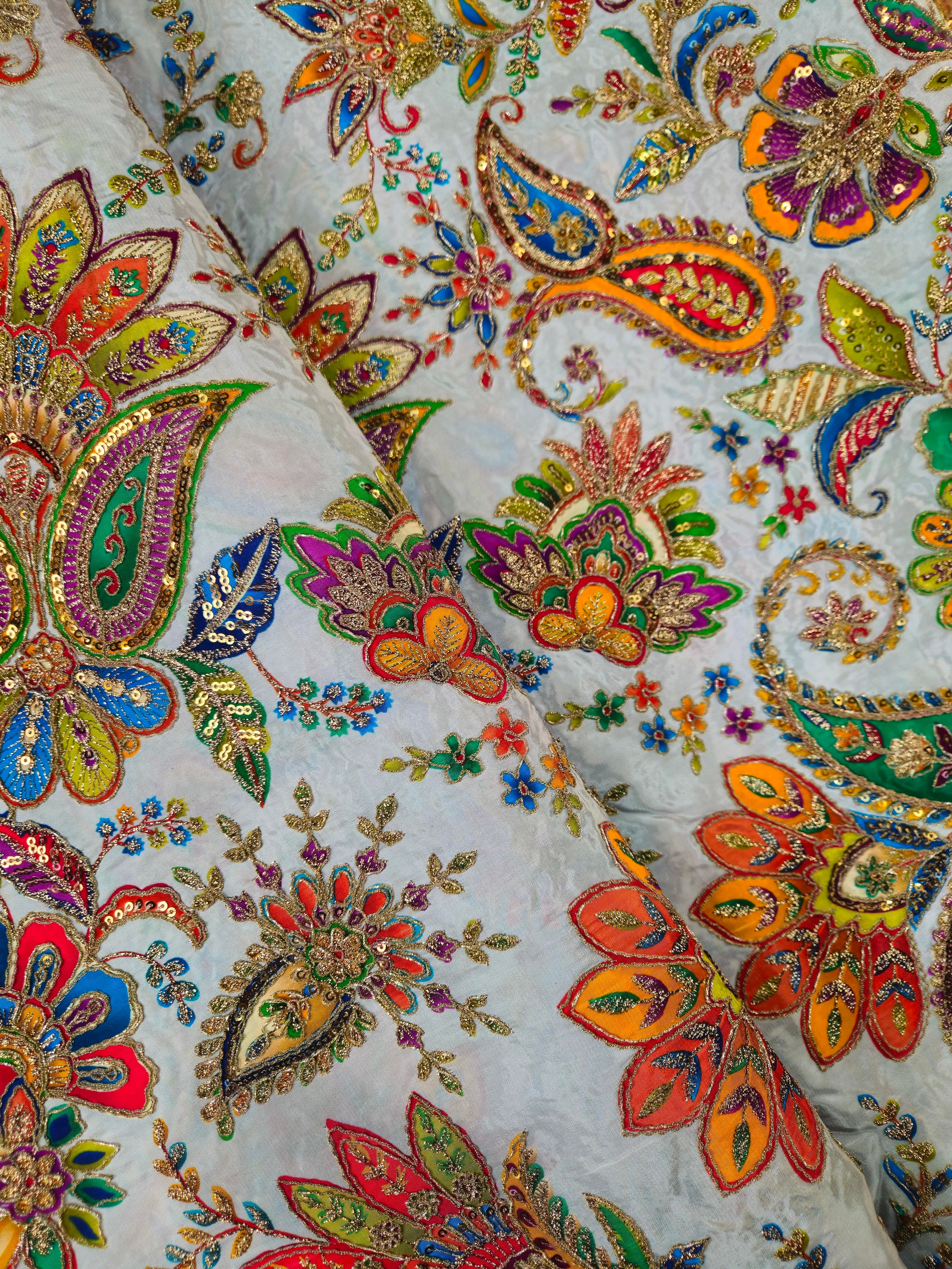 Position Print With  Traditional Embroidery On Sky Grey Crepe Fabric