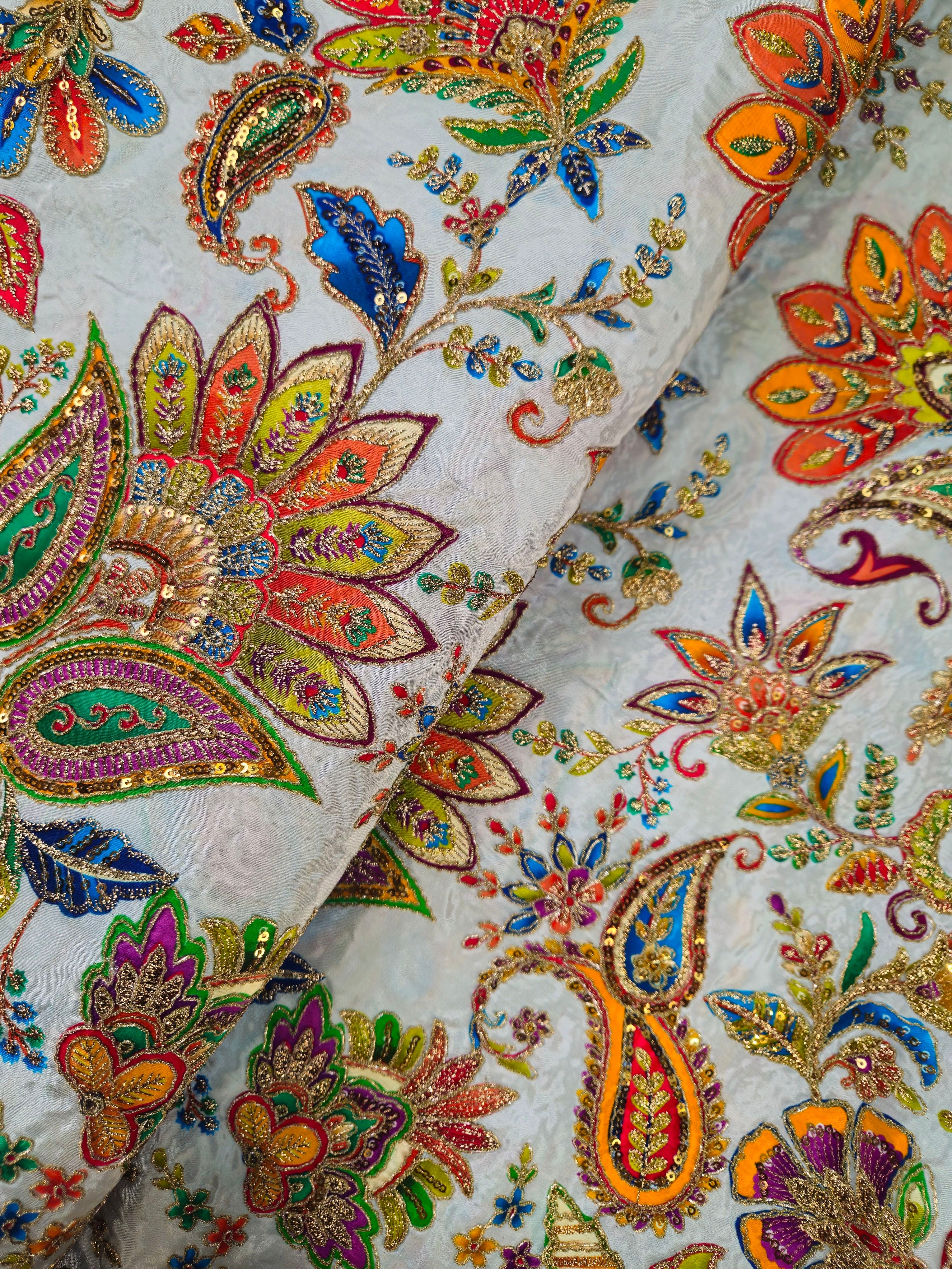 Position Print With  Traditional Embroidery On Sky Grey Crepe Fabric