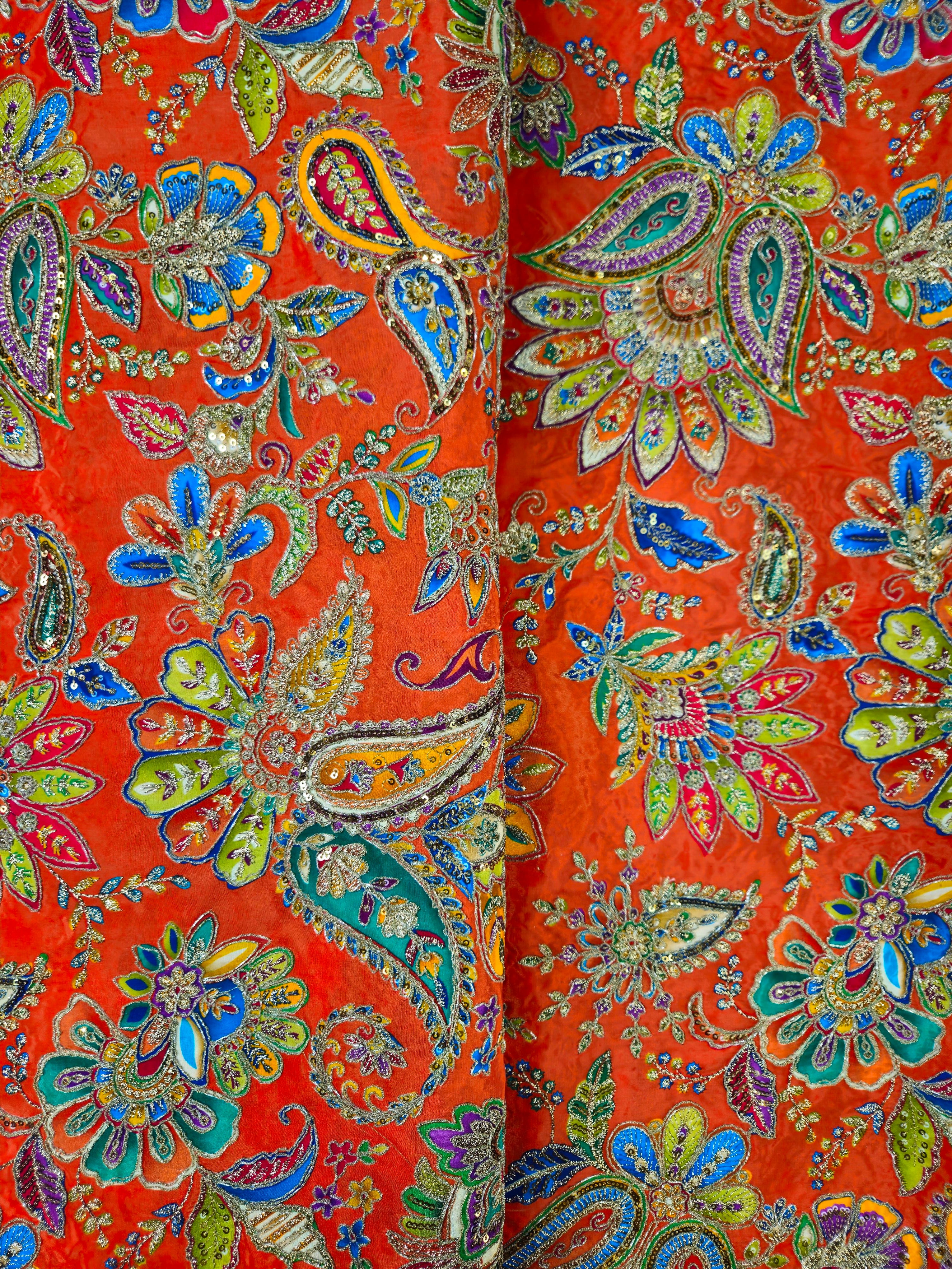 Position Print With Traditional Embroidery On Crepe Fabric (Multicolor)