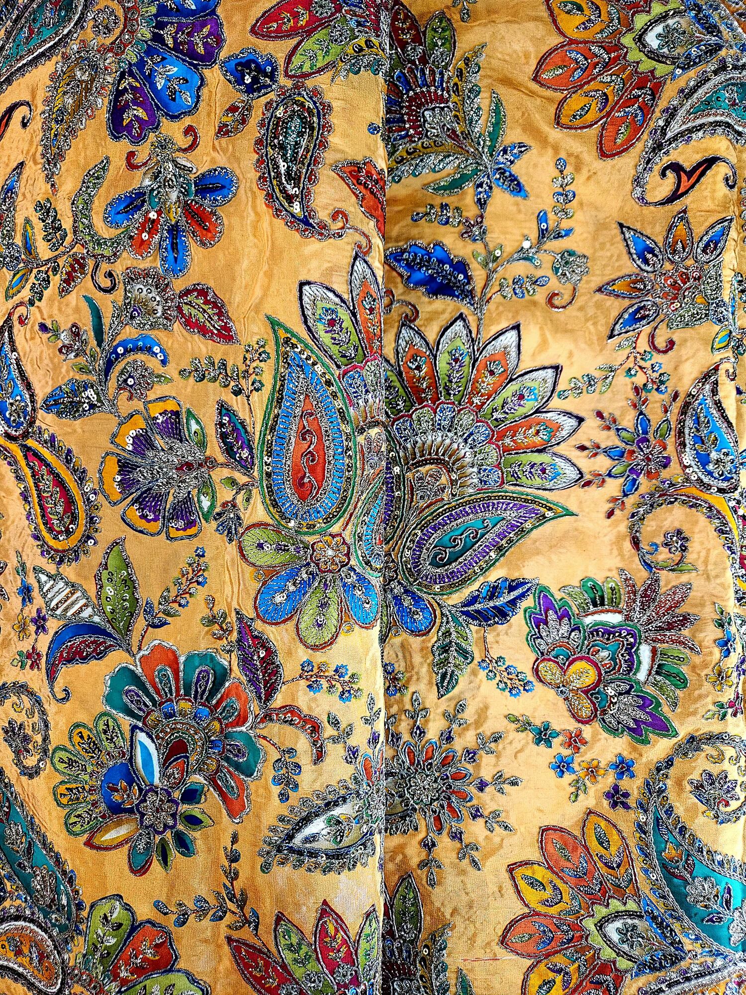 Position Print With Traditional Embroidery On Golden Yellow Crepe Fabric