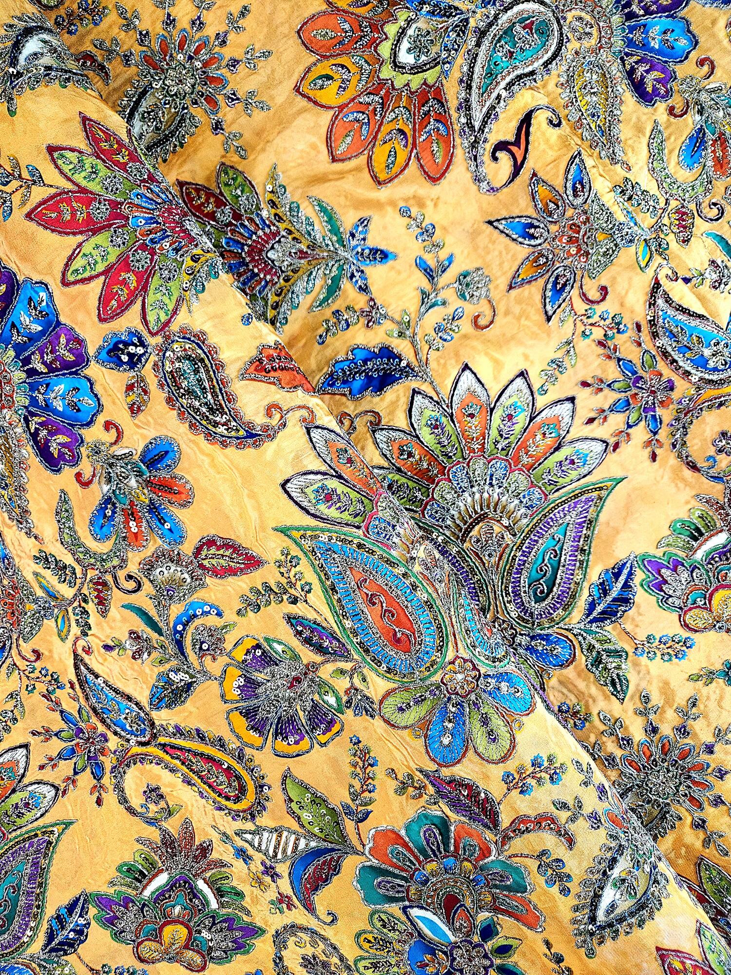 Position Print With Traditional Embroidery On Golden Yellow Crepe Fabric