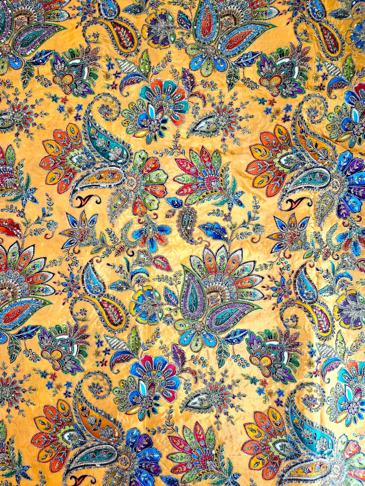 Position Print With Traditional Embroidery On Golden Yellow Crepe Fabric