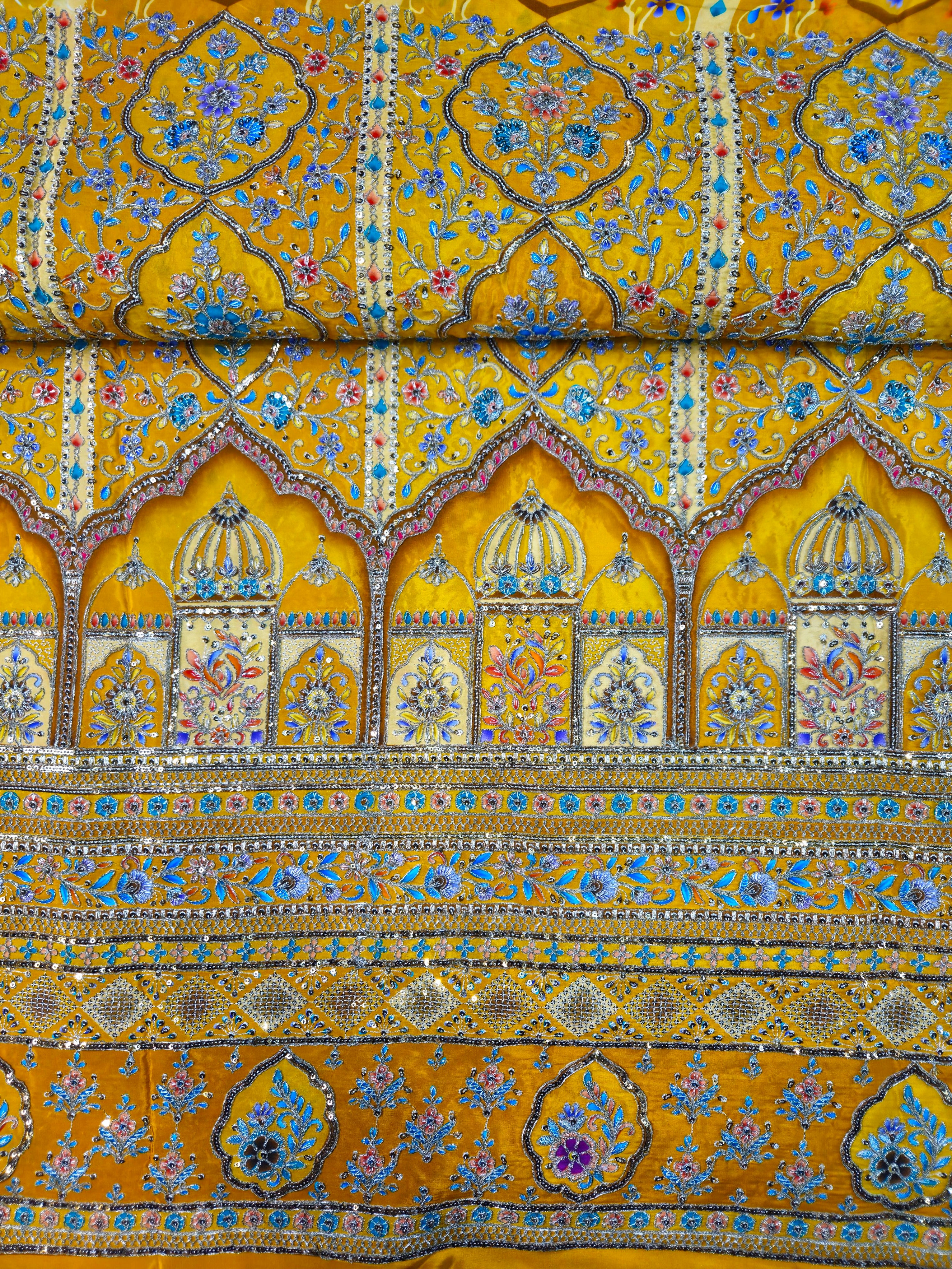 Position Print with Zari And Sequins Floral Embroidery Work On Royal Yellow Crepe Fabric