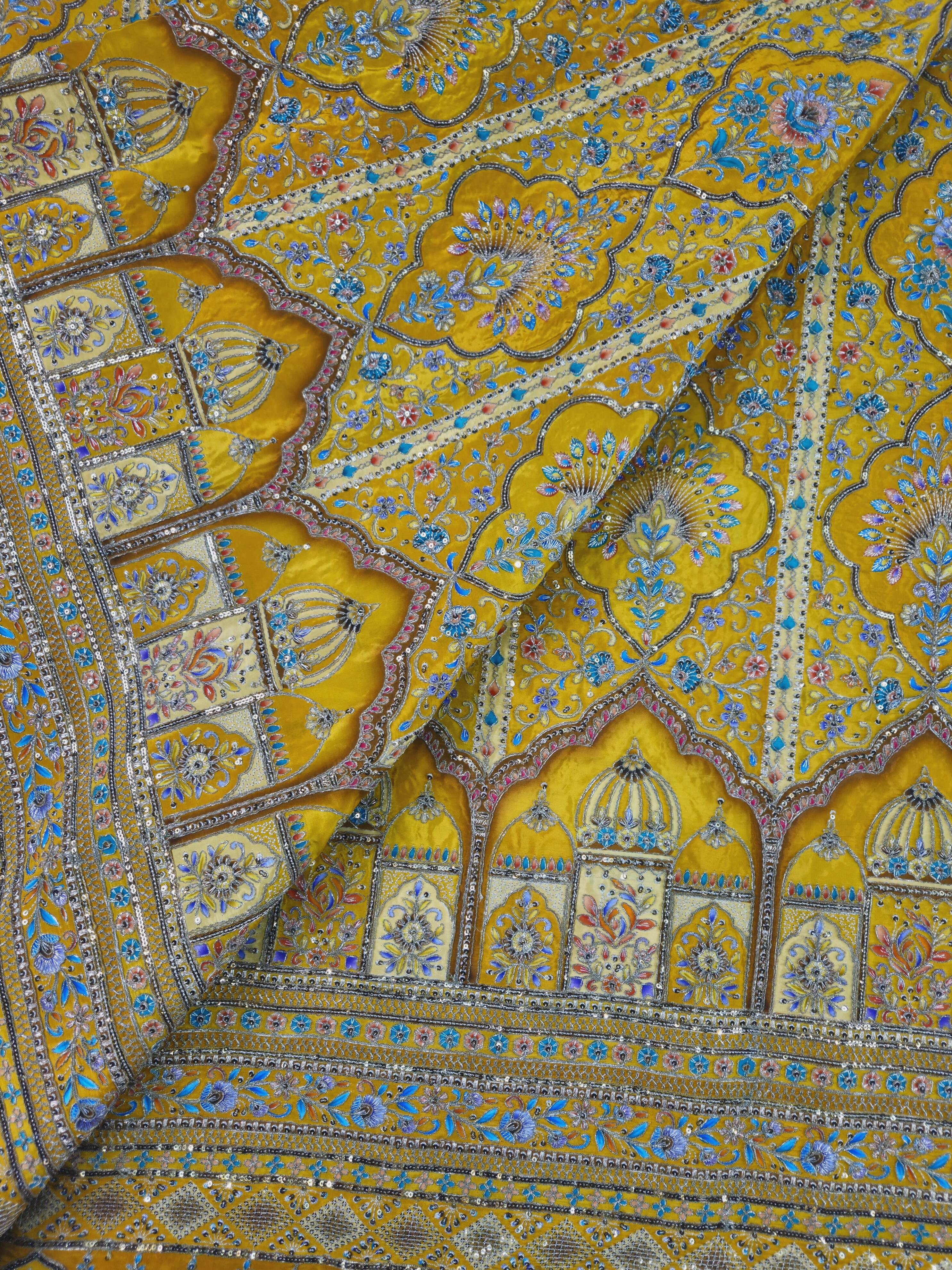 Position Print with Zari And Sequins Floral Embroidery Work On Royal Yellow Crepe Fabric