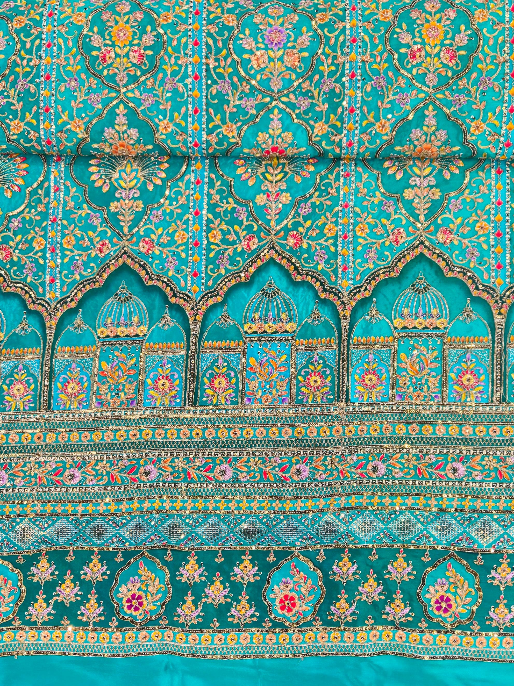 Position Print with Zari And Sequins Floral Embroidery Work On Rama Crepe Fabric