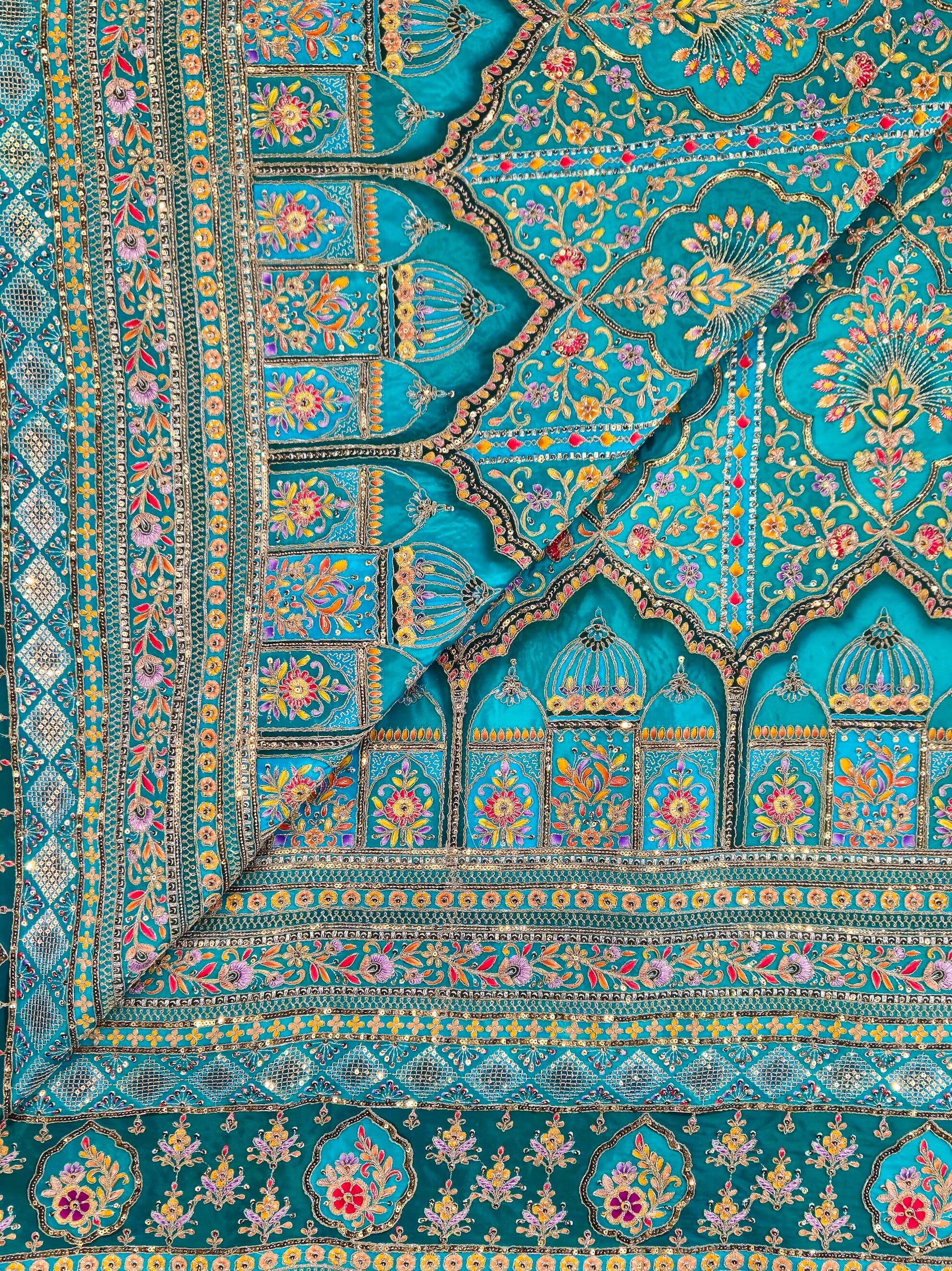 Position Print with Zari And Sequins Floral Embroidery Work On Rama Crepe Fabric