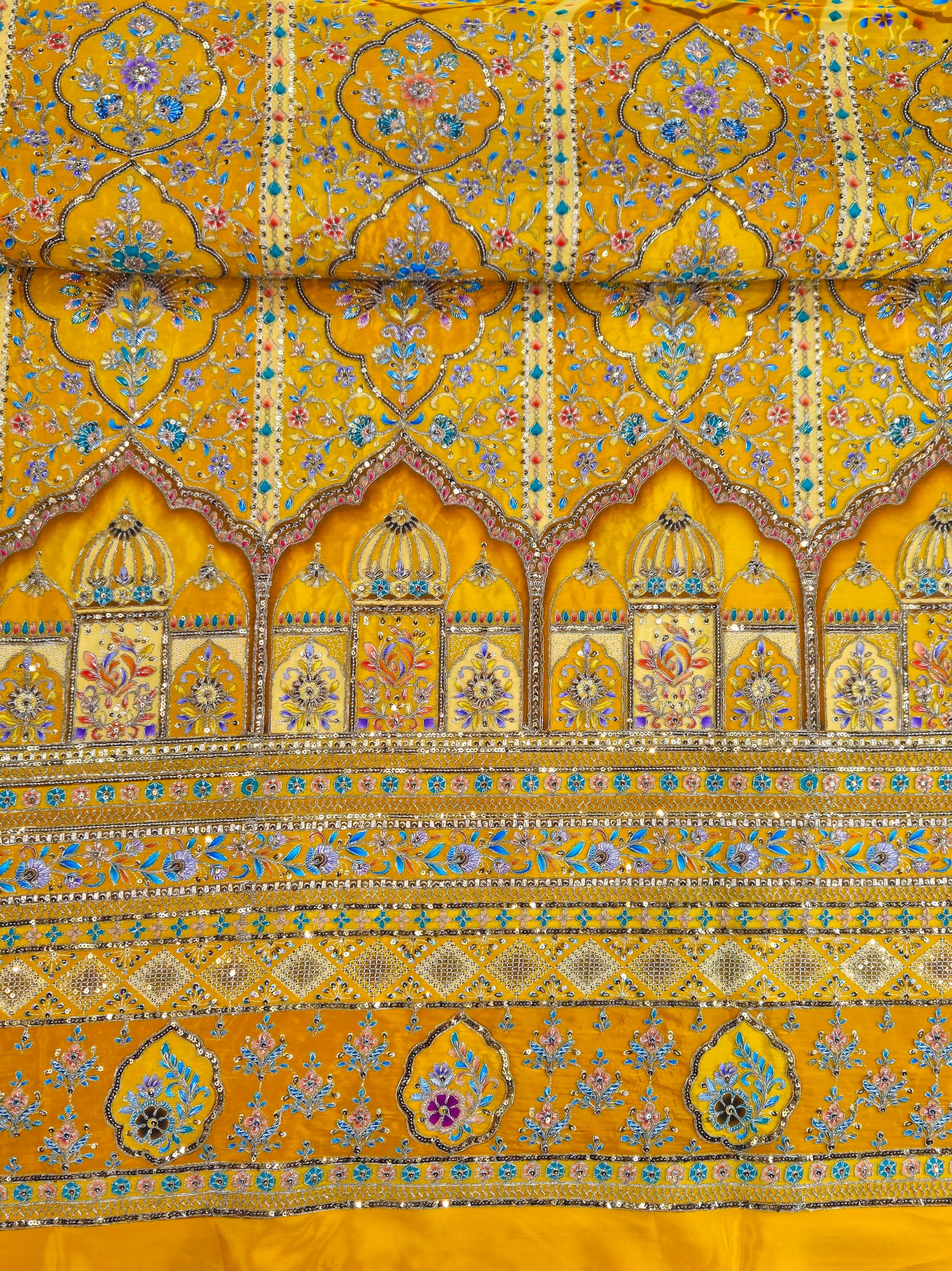 Position Print with Zari And Sequins Floral Embroidery Work On Mustard Crepe Fabric