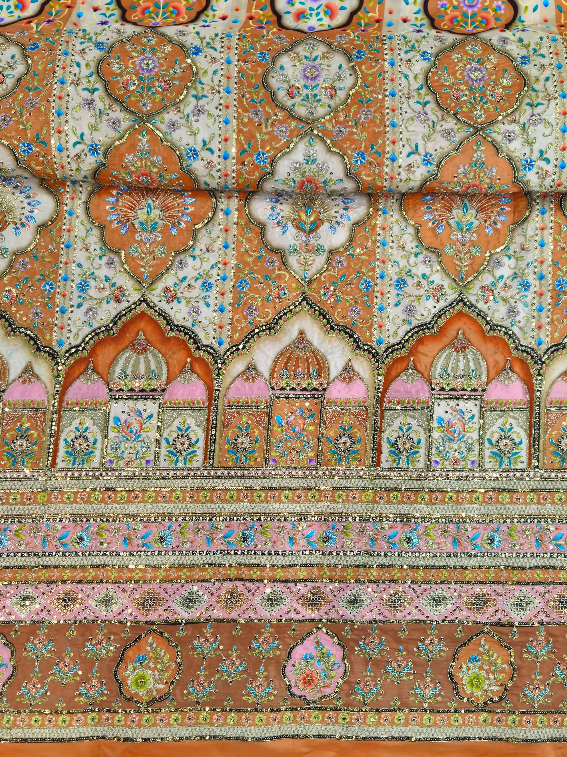 Position Print with Zari And Sequins Floral Embroidery Work On Crepe Fabric (Multicolor)