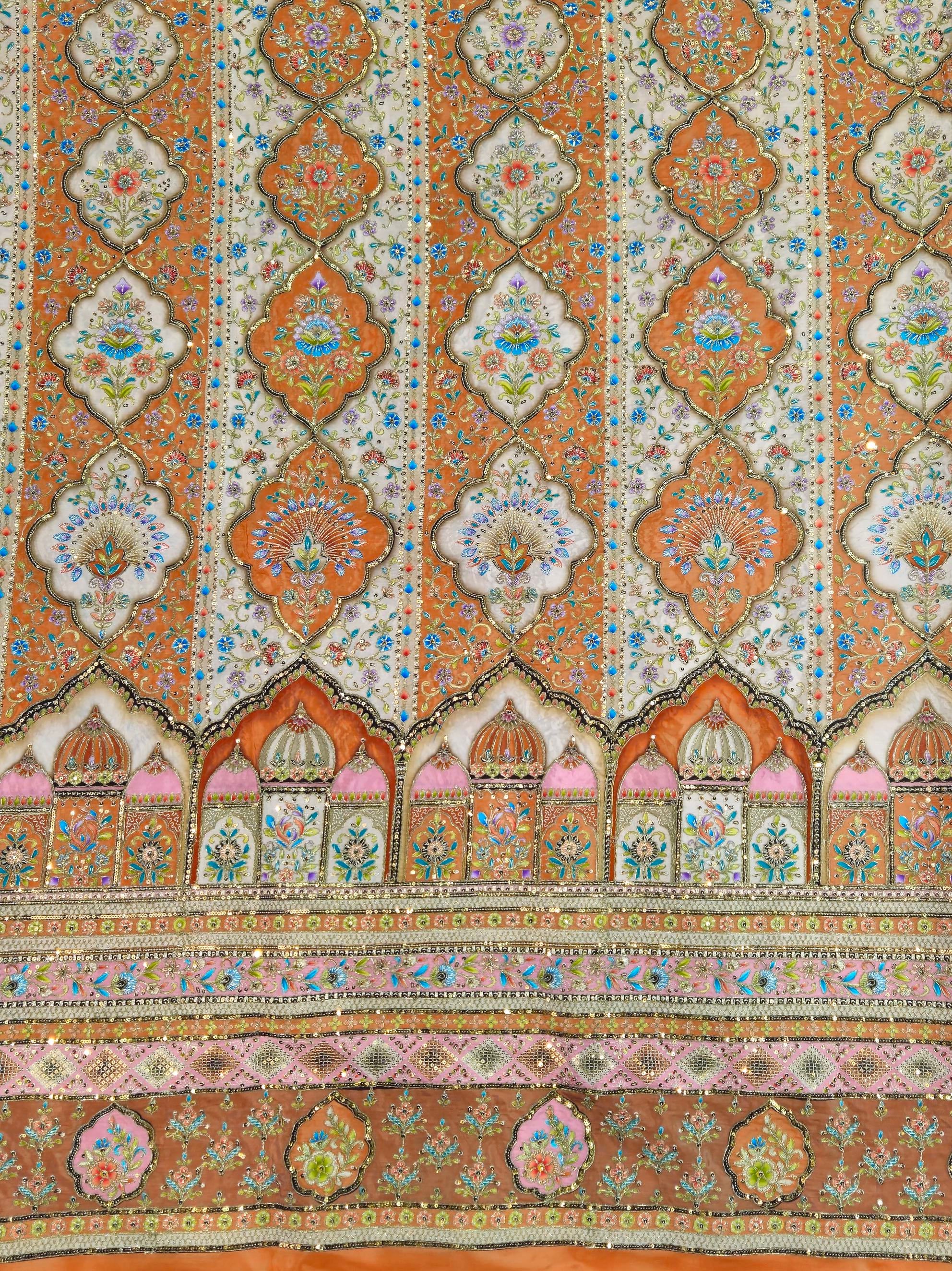 Position Print with Zari And Sequins Floral Embroidery Work On Light Warm Beige Crepe Fabric