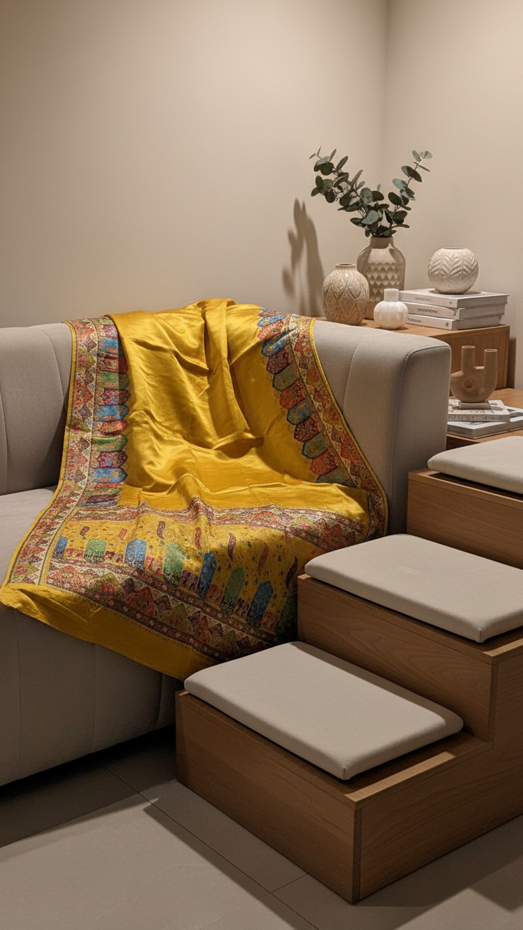 Yellow Satin Saree with Multicolor Traditional Border with Position Print