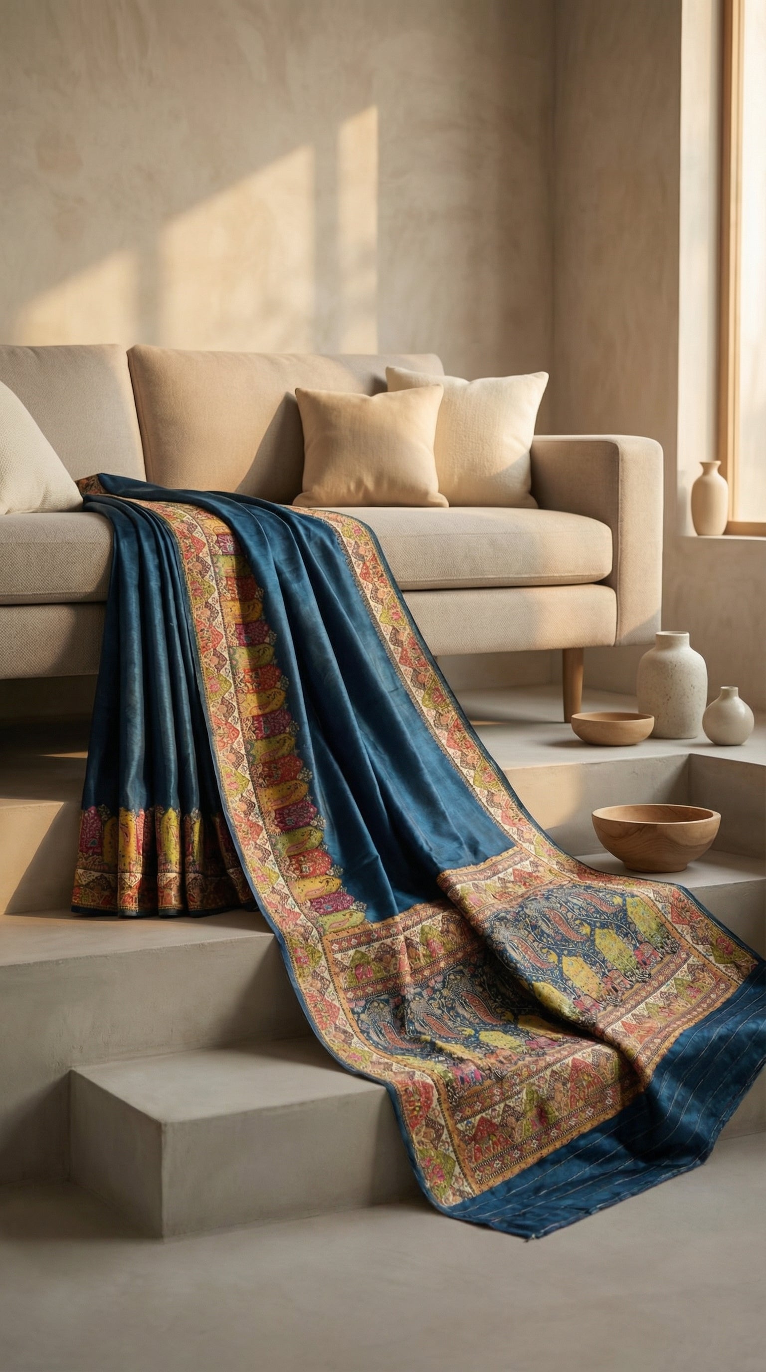 Teal Blue Satin Saree with Multicolor Traditional Border with Position Print
