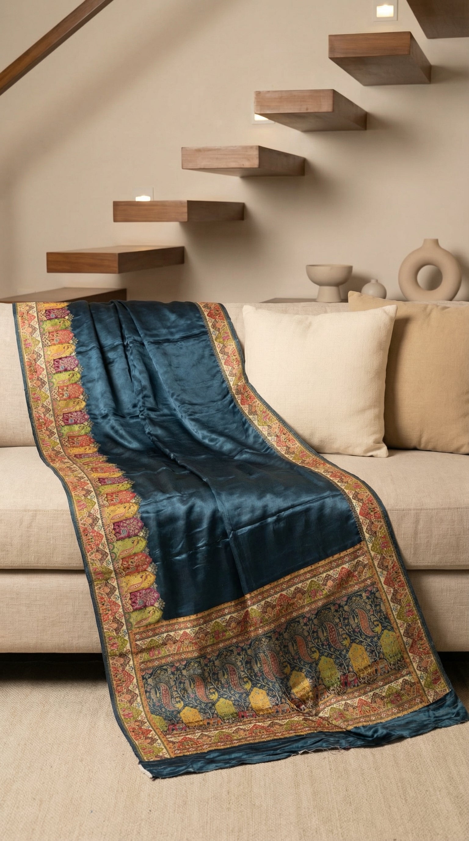 Teal Blue Satin Saree with Multicolor Traditional Border with Position Print