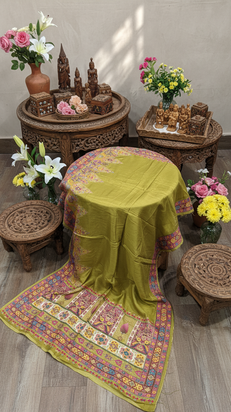 Ivory Olive Green Dola Silk jacquard viscose Position Saree