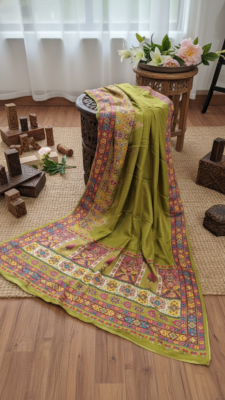 Ivory Olive Green Dola Silk jacquard viscose Position Saree