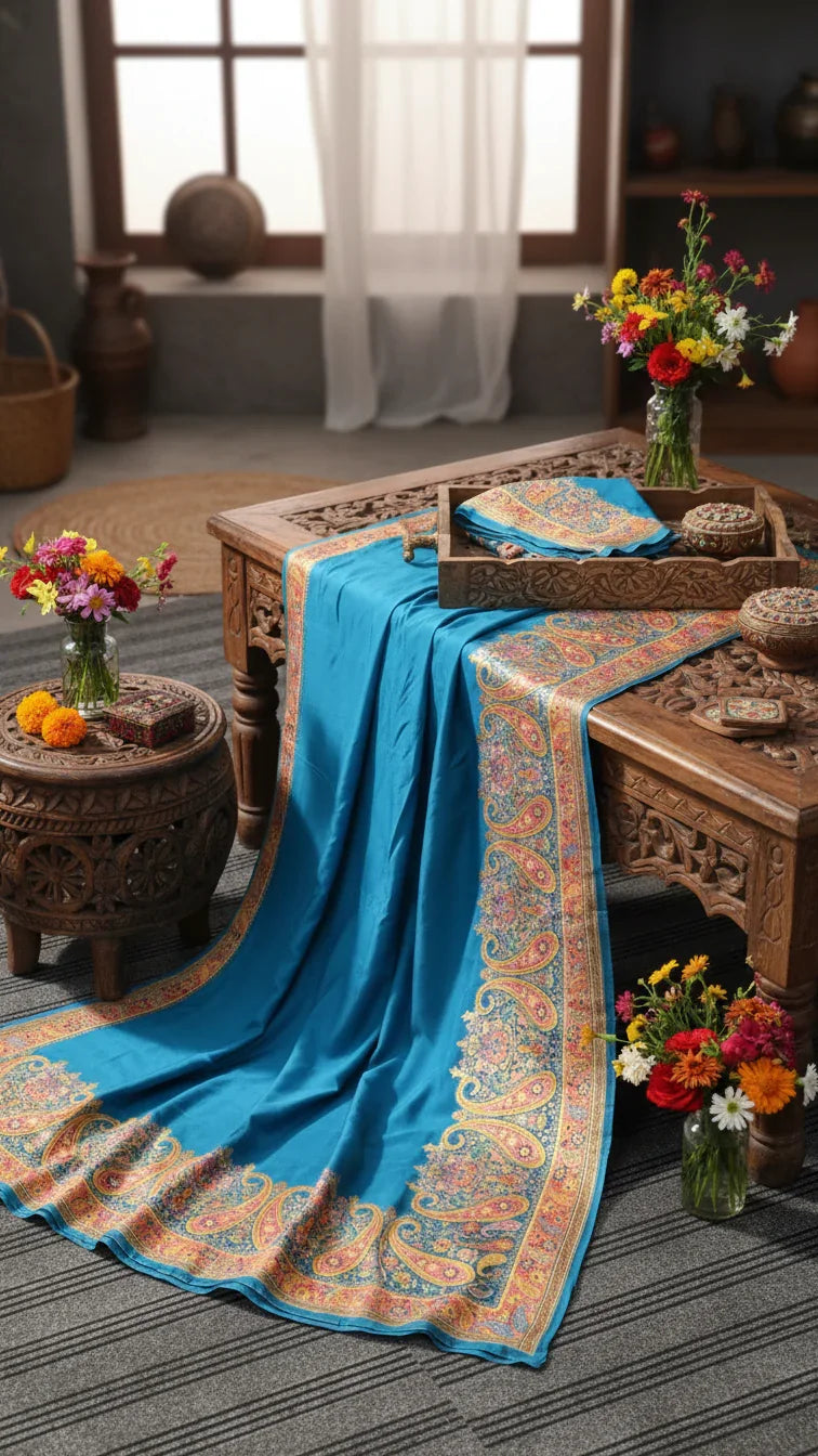 Rama Jacquard Viscose Saree With Position print