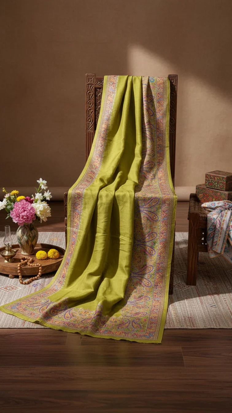 Olive Green Jacquard Viscose Saree With Position print