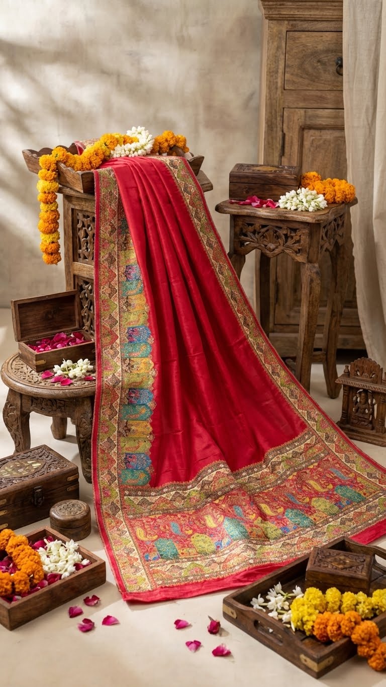 Red Satin Saree with Multicolor Traditional Border with Position Print