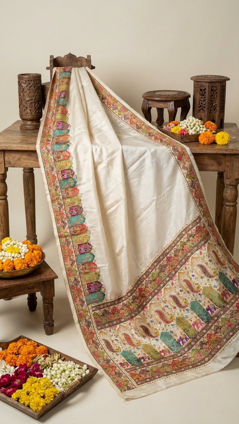 Cream Satin Saree with Multicolor Traditional Border with Position Print