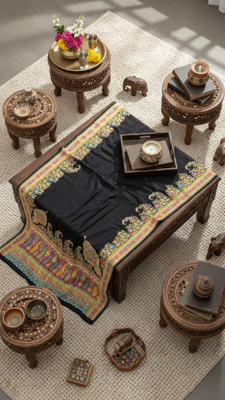 Black Jacquard Viscose Saree With Position print