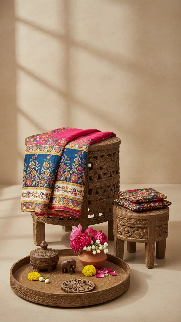 Dola silk Rani jacquard viscose Saree with Multicolor Floral Border & Rich Magnet pallu
