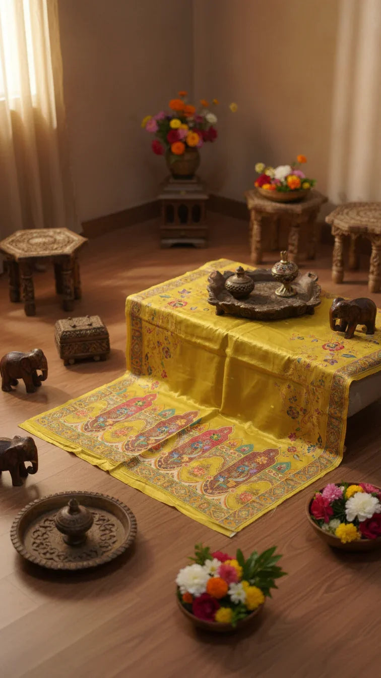 Mustard  Tissue Silk Saree With Position Print