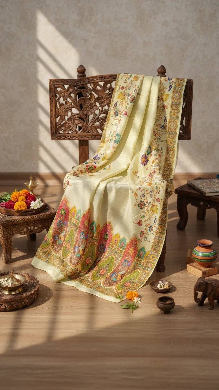 Cream Tissue Silk Saree With Position Print