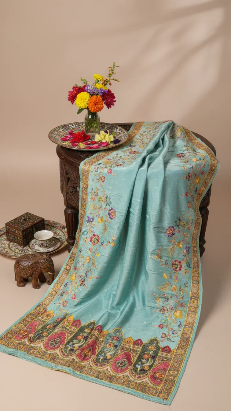 Rama Tissue Silk Saree With Position Print