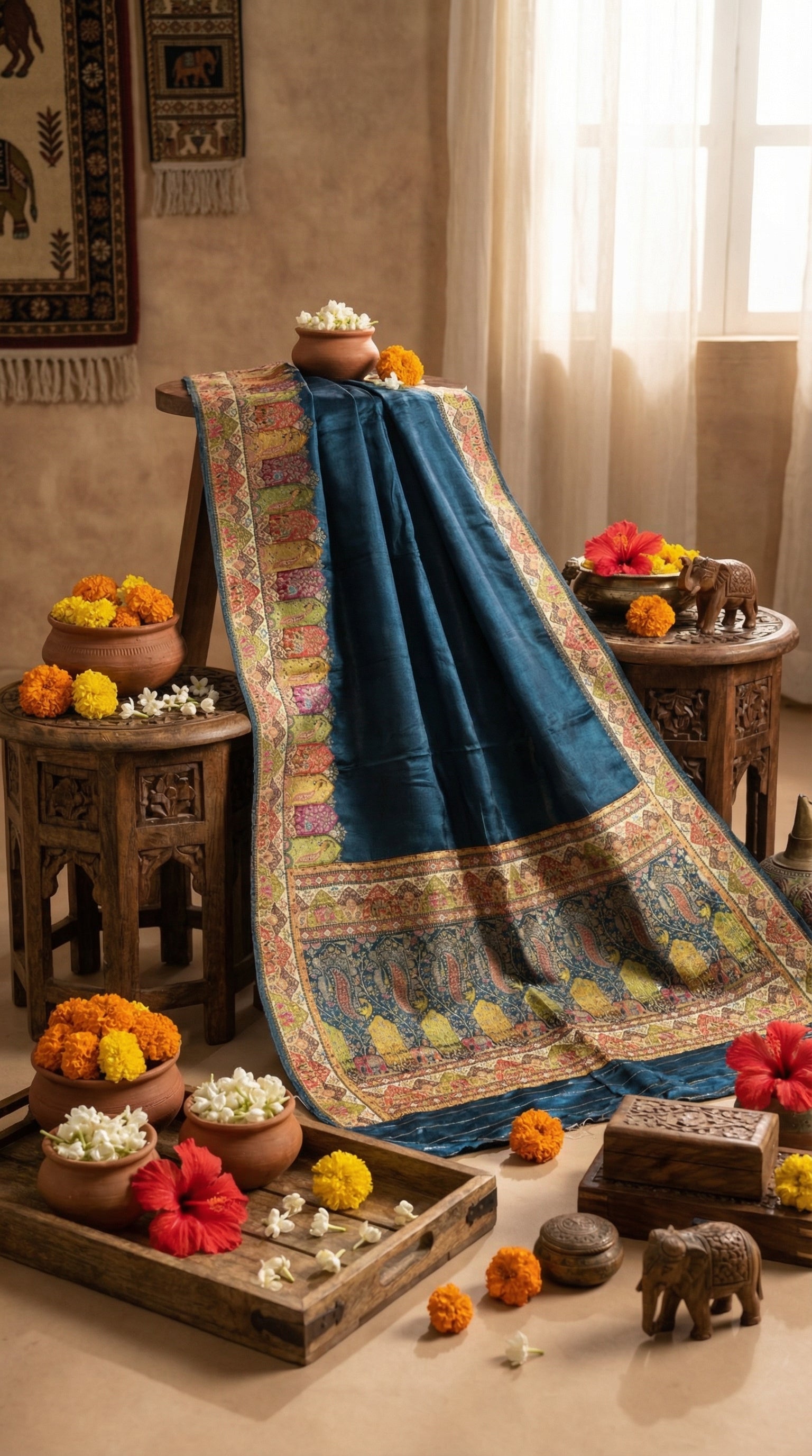 Teal Blue Satin Saree with Multicolor Traditional Border with Position Print