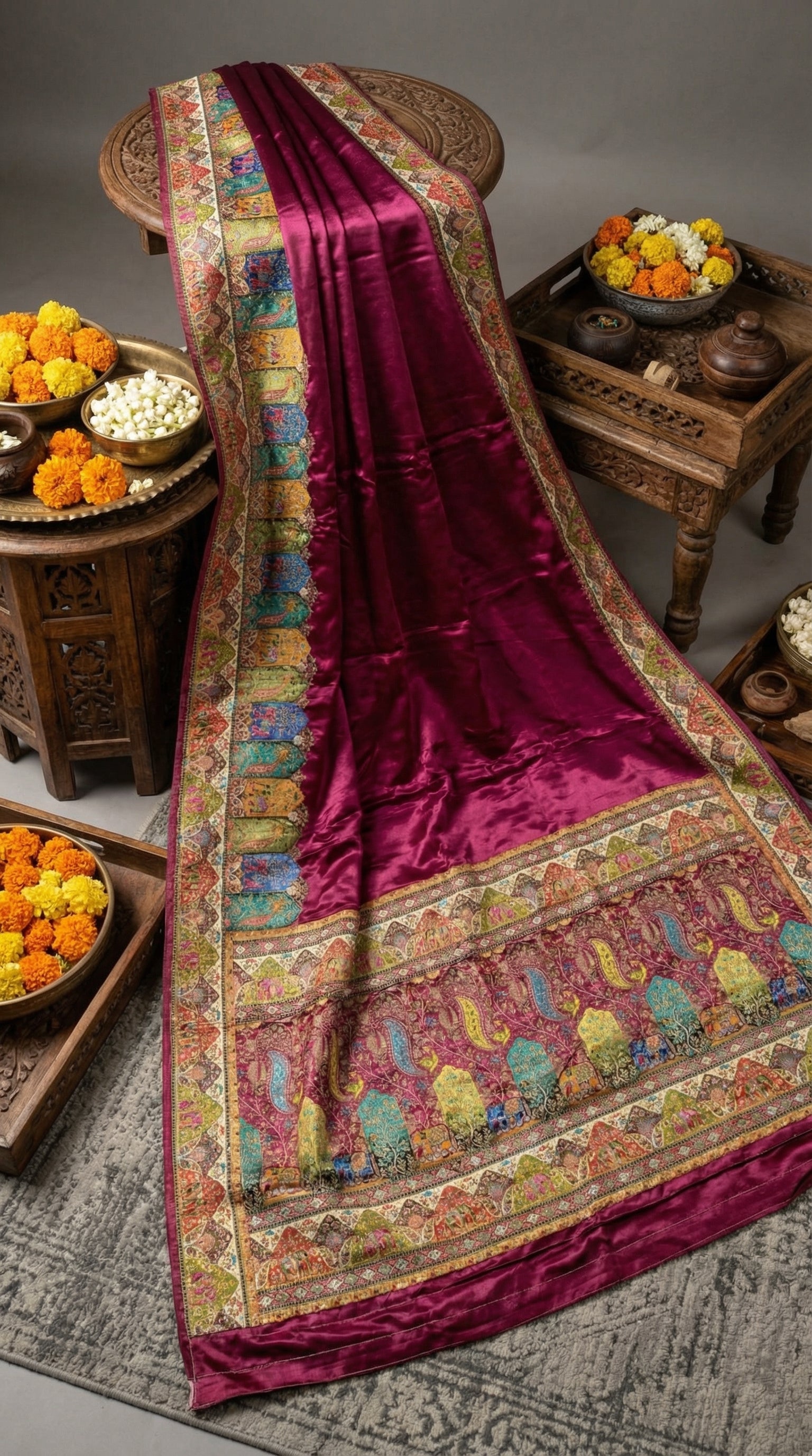 Wine Satin Saree with Multicolor Traditional Border with Position Print