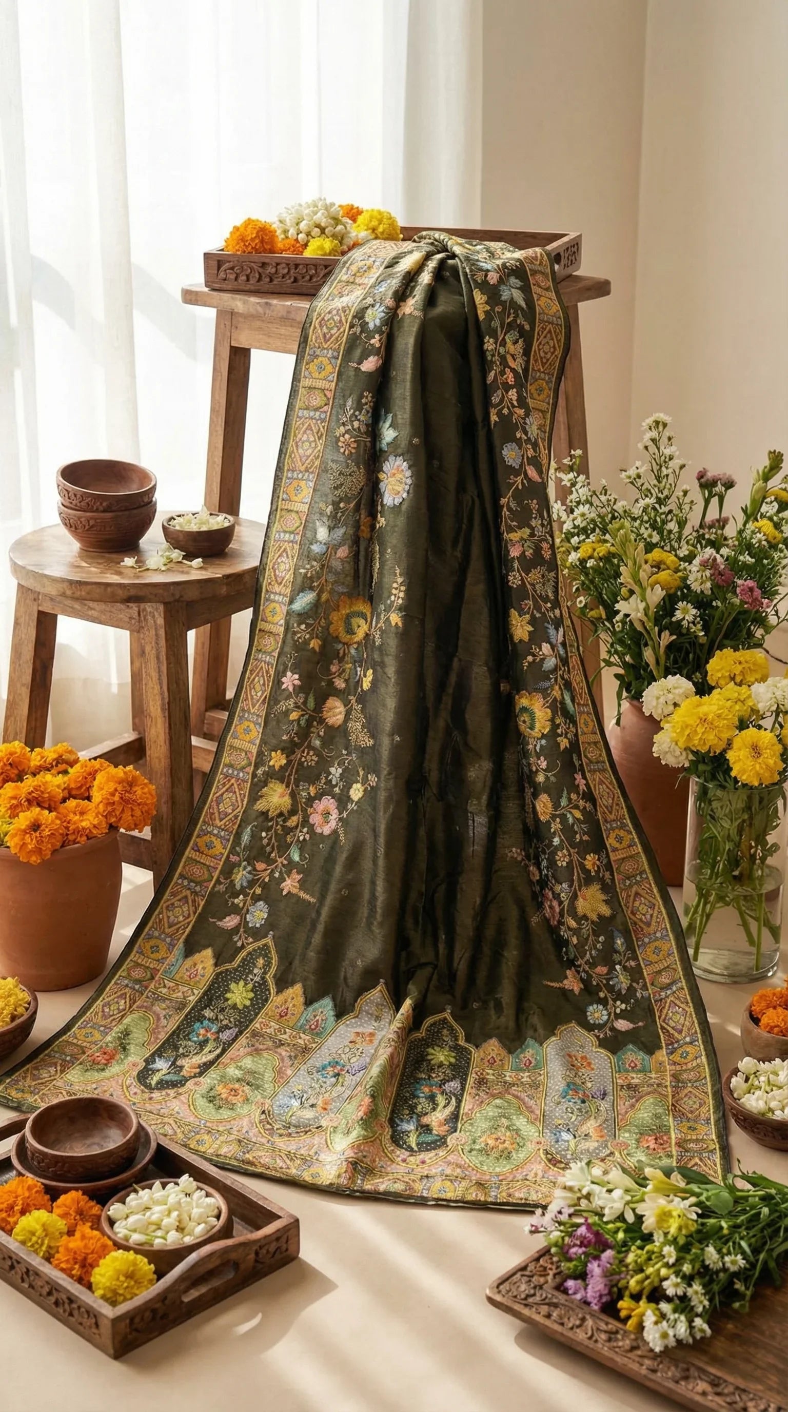 Black Tissue Silk Saree With Position Print