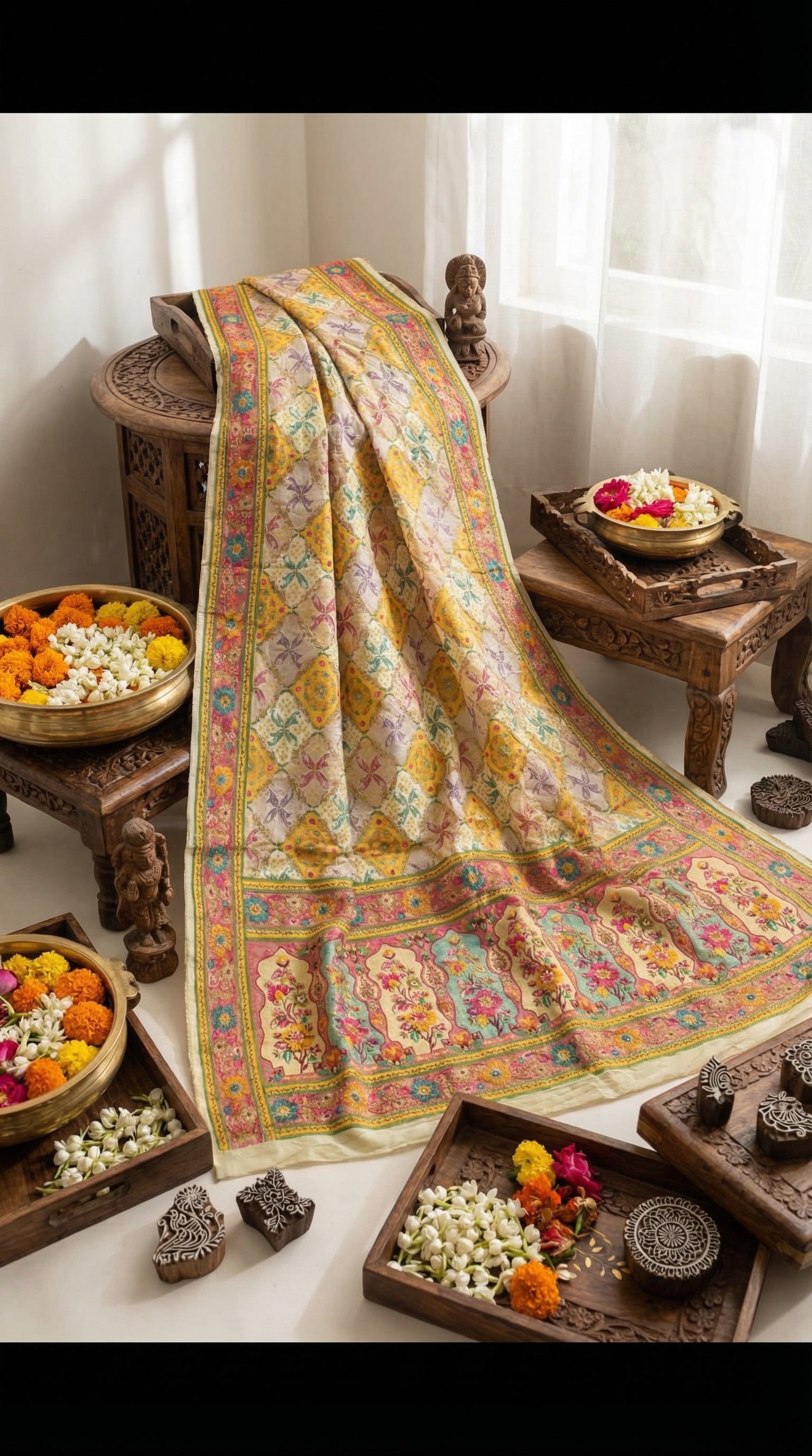 Cream Satin Saree with Multicolor Traditional Border with Position Print
