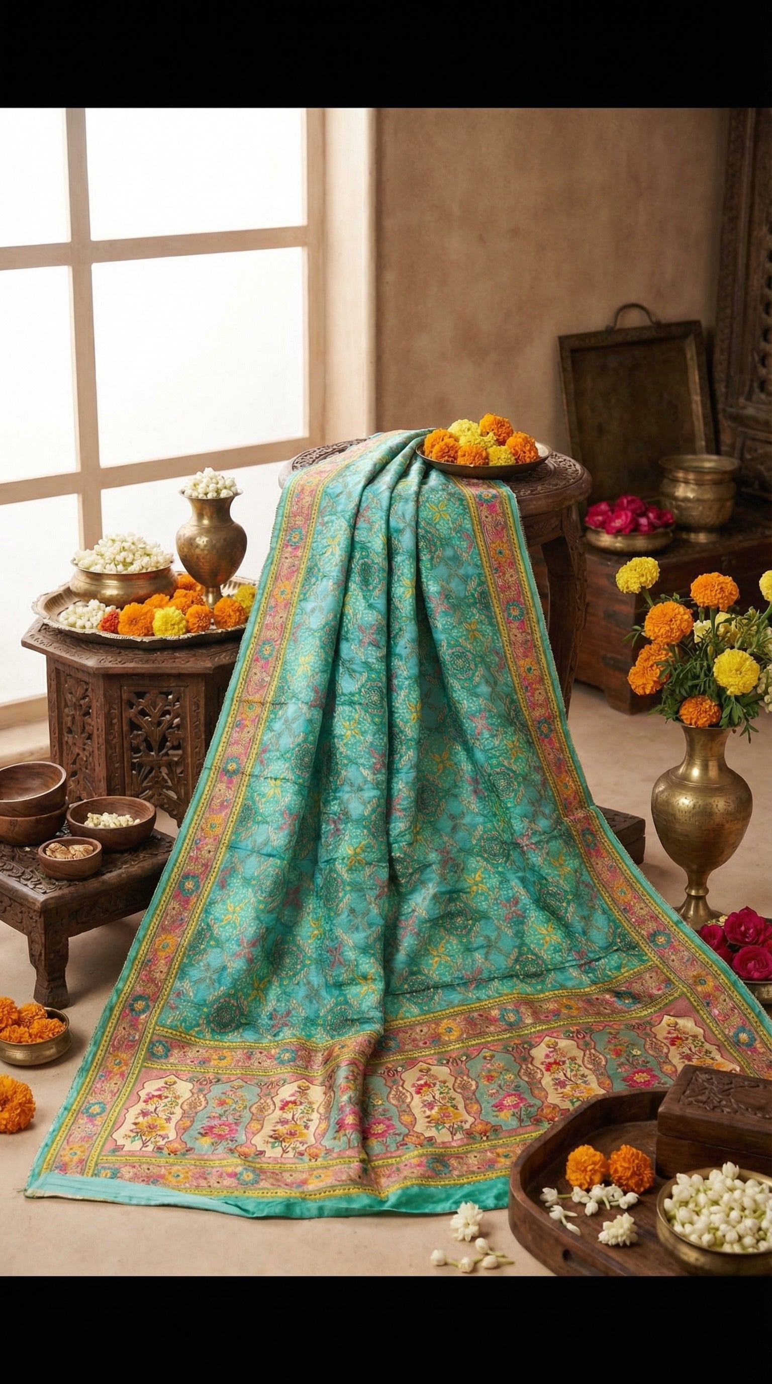 Rama Satin Saree with Multicolor Traditional Border with Position Print