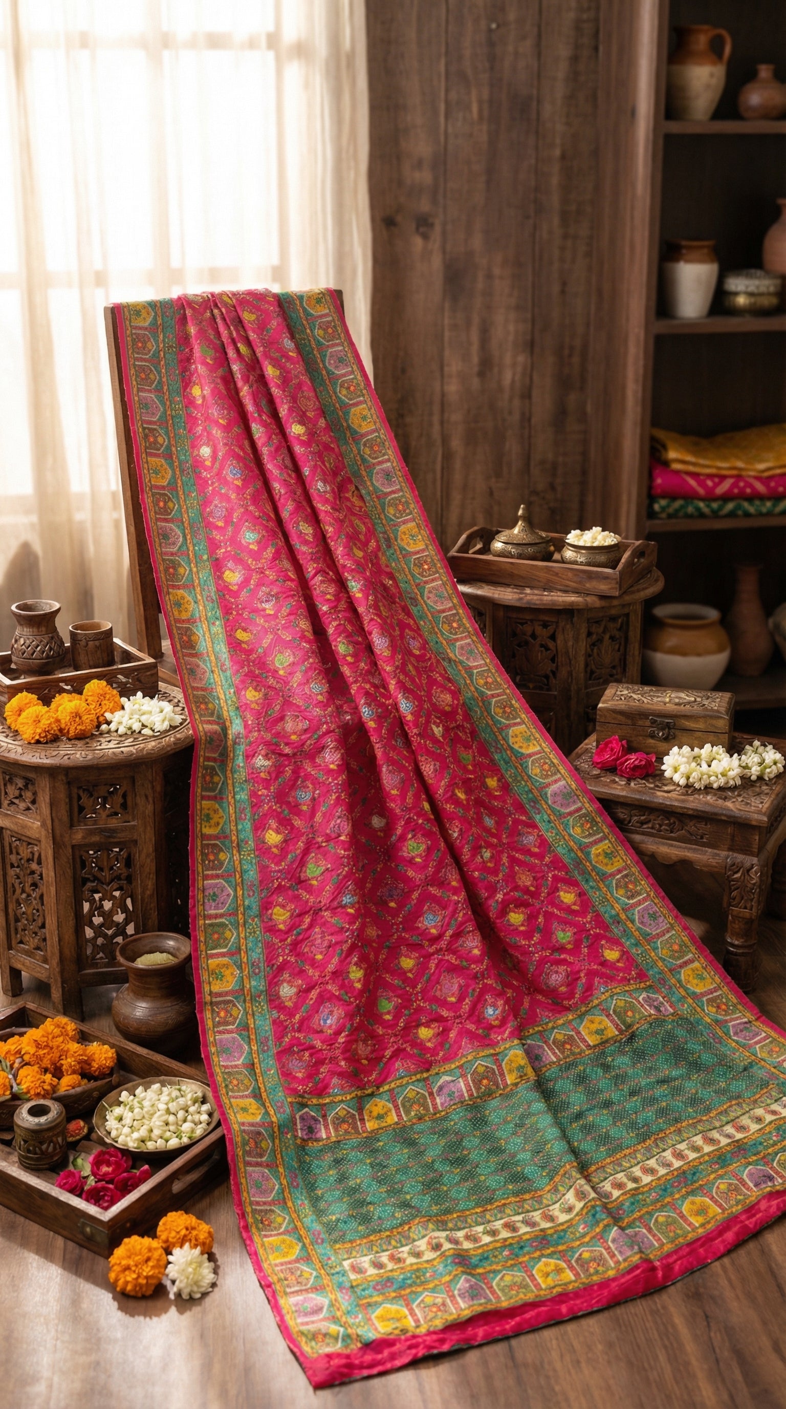 Rani Fancy Satin Traditional saree with Position Print