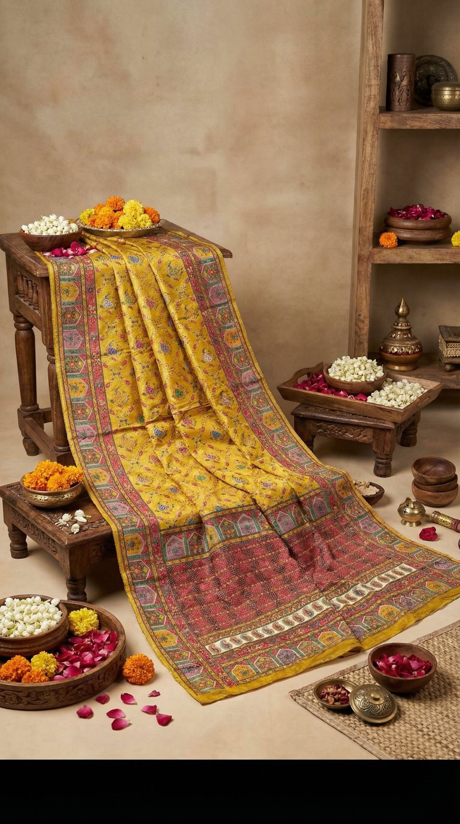 Yellow Fancy Satin Traditional saree with Position Print