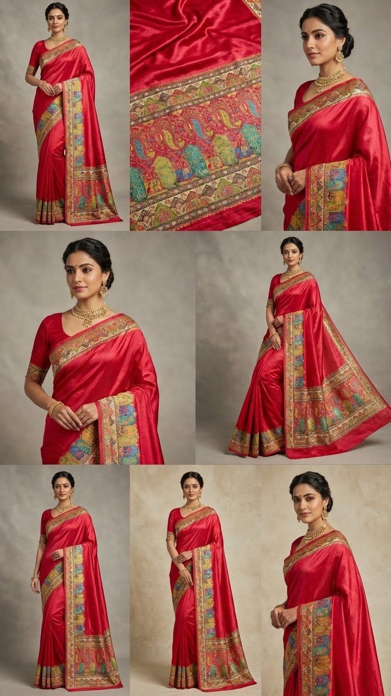 Red Satin Saree with Multicolor Traditional Border with Position Print