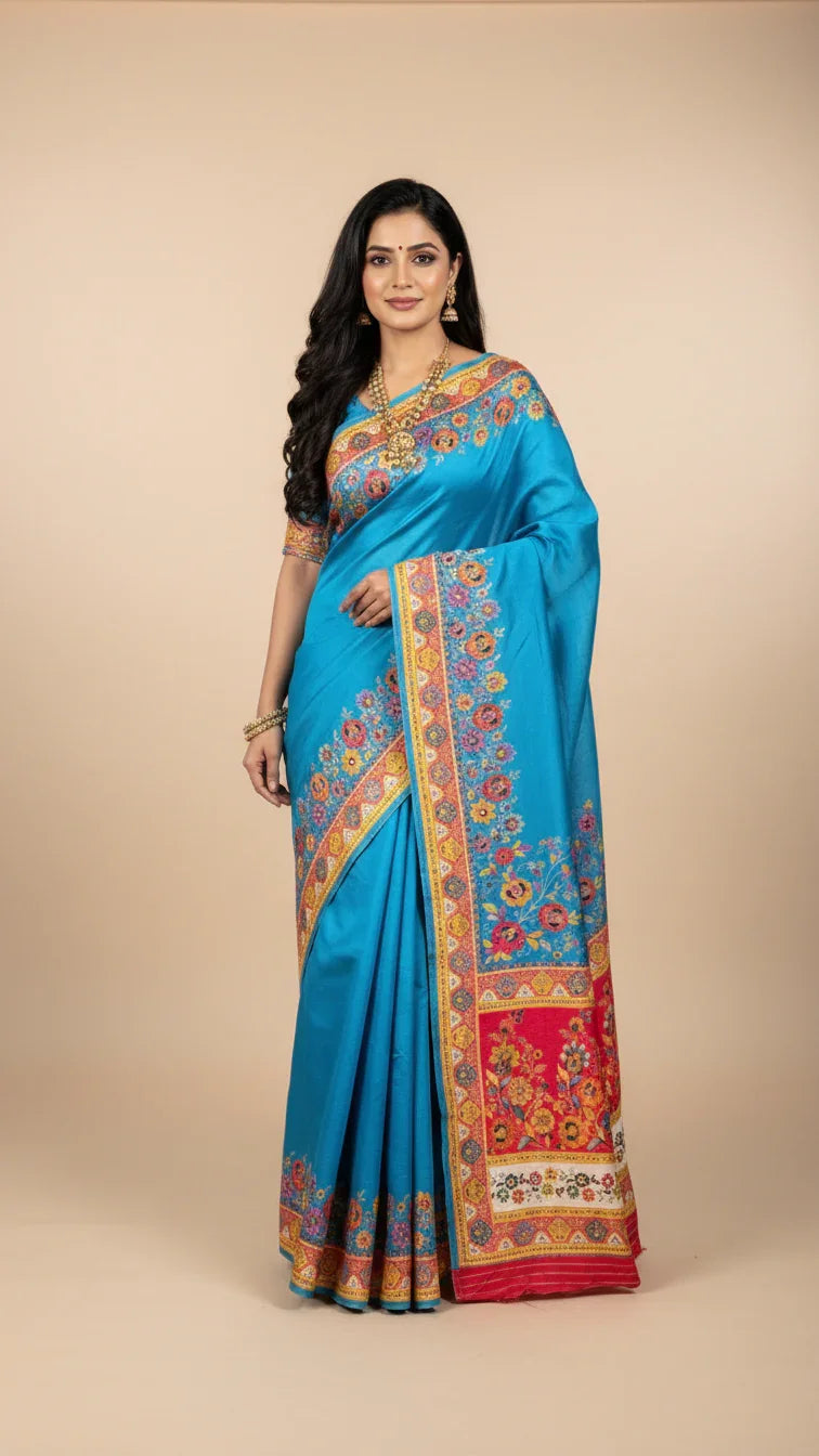 Dola silk Rama jacquard viscose Saree with Multicolor Floral Border & Rich Magnet pallu