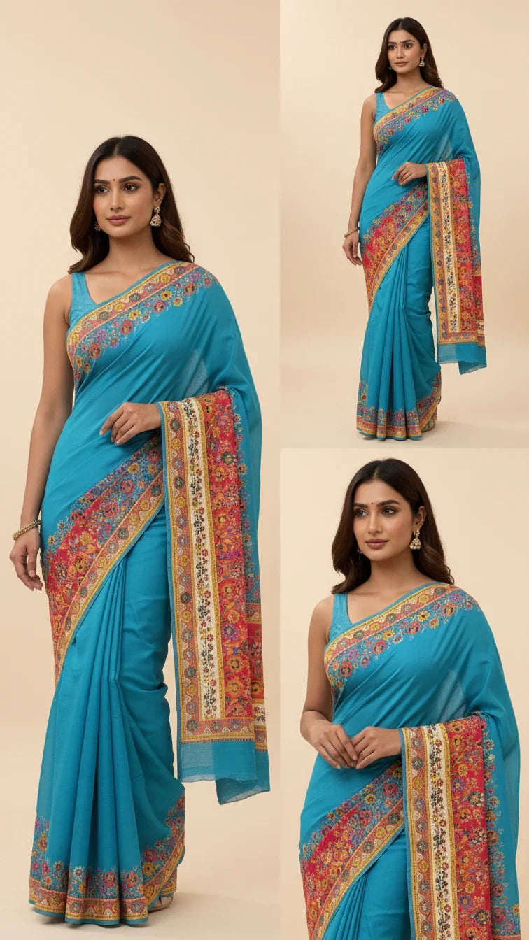 Dola silk Rama jacquard viscose Saree with Multicolor Floral Border & Rich Magnet pallu