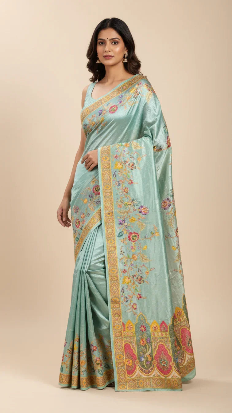 Rama Tissue Silk Saree With Position Print