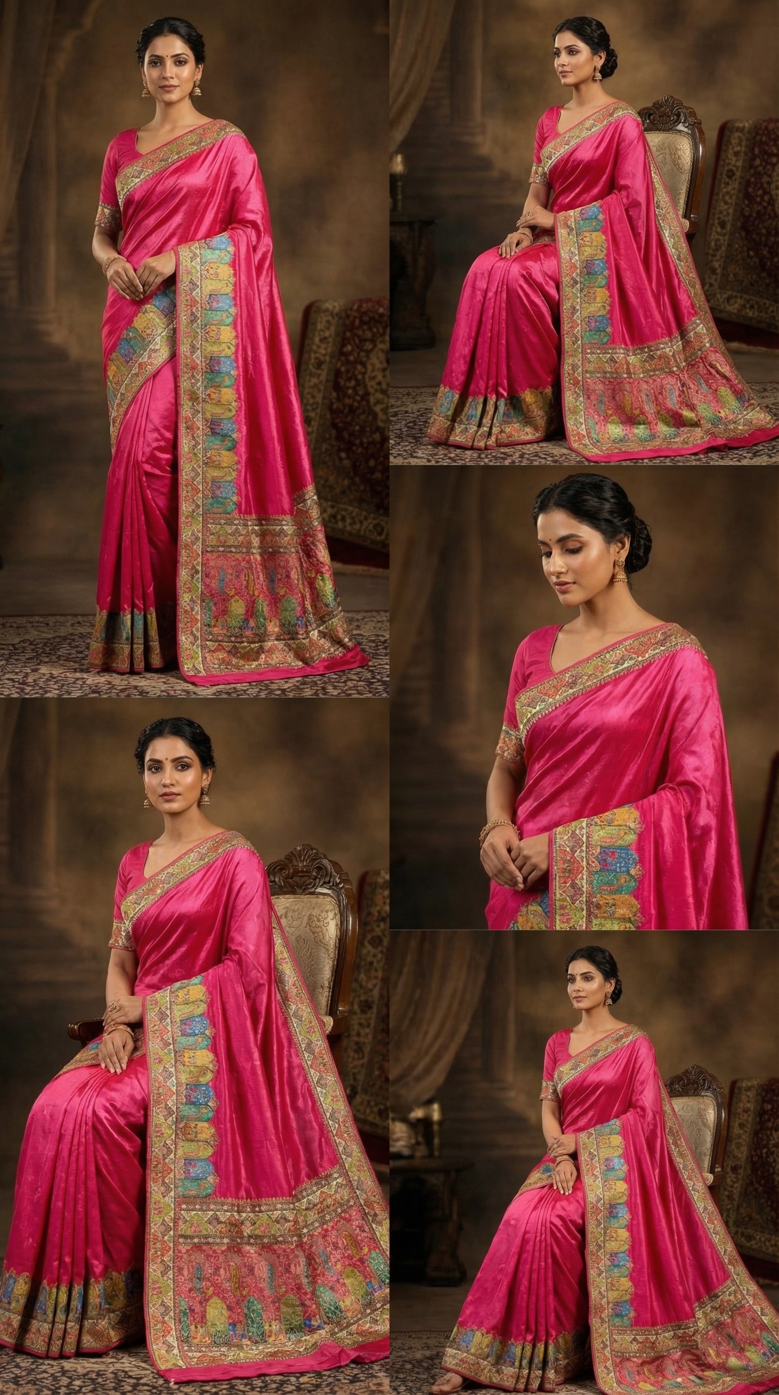 Rani Satin Saree with Multicolor Traditional Border with Position Print