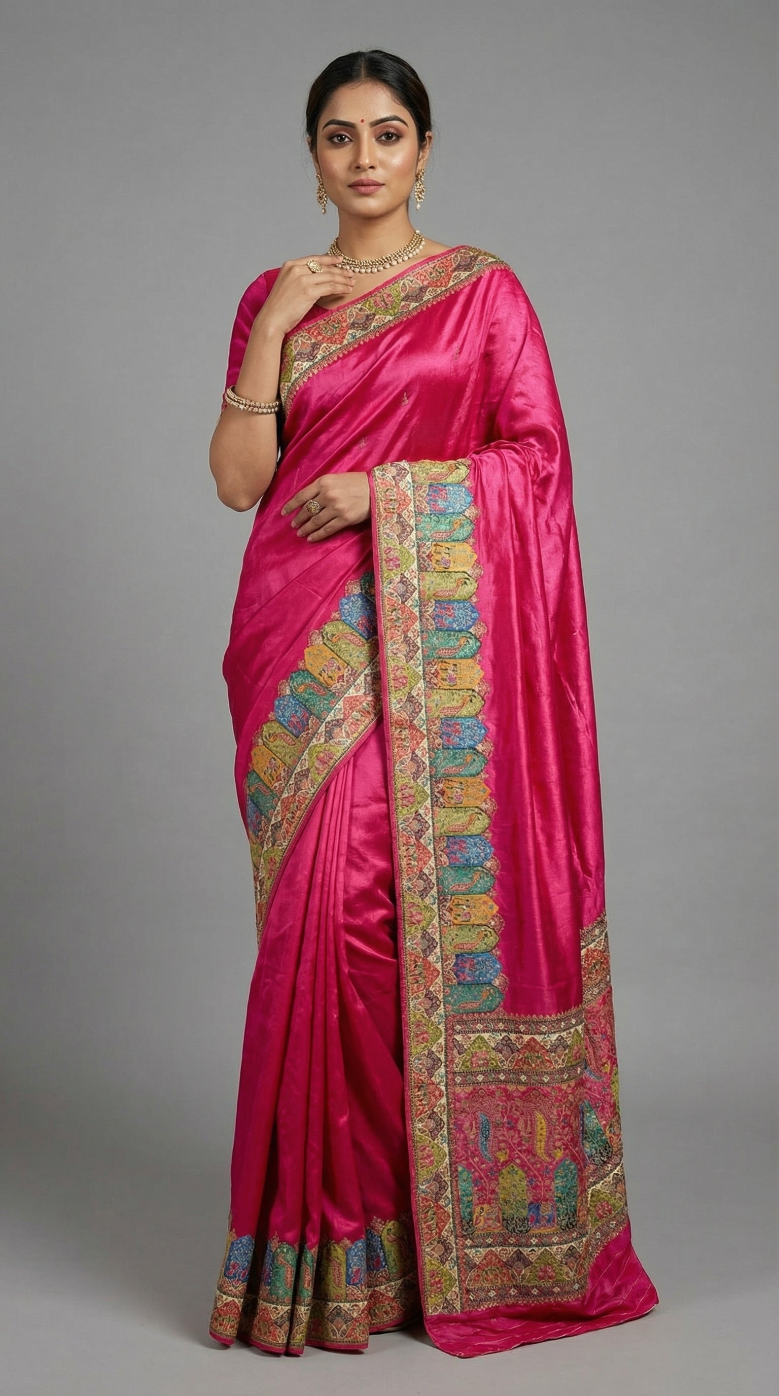 Rani Satin Saree with Multicolor Traditional Border with Position Print
